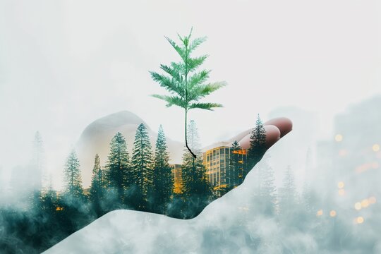 Hand holding growing plant with city and forest double exposure