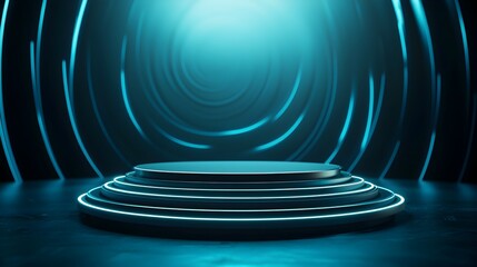 Fototapeta premium Futuristic Dark Podium with Glowing Light and Reflection in Minimal Studio Background