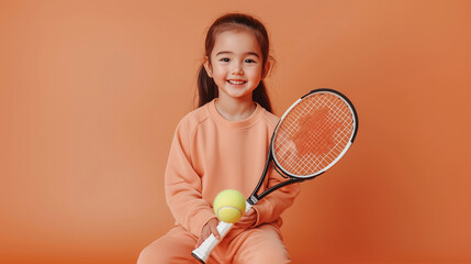 Preschool Girl Model in Tracksuit with Tennis Racket - Sitting in Studio, Smiling at Camera, Sport Equipment for Young Player Photo