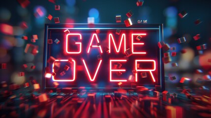 A close-up of a red neon Game Over sign in front of a pixelated, digital background