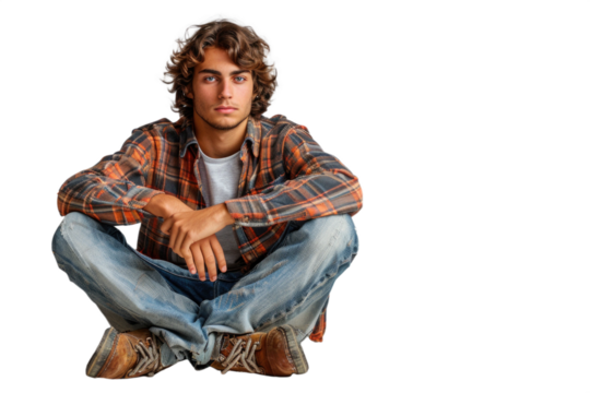 A young man with curly hair is sitting cross-legged on the floor. He is wearing a plaid shirt over a grey t-shirt, jeans, and brown boots. He has a serious expression.