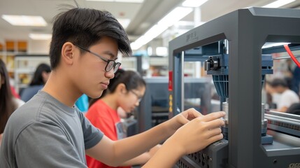 student using a 3D printer in a lab, illustrating the integration of technology and education in modern classrooms
