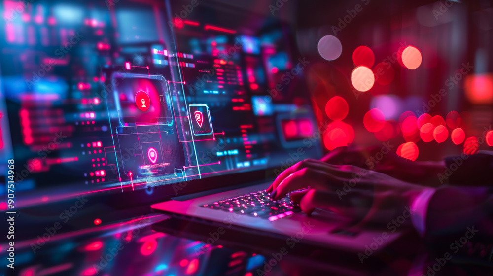 Poster defending against digital threats. businessman using of software development technology innovation a