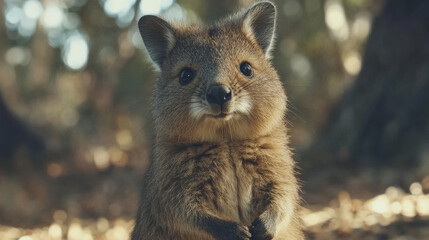 Obraz premium Quokka, a marsupial like kangaroos, is the size of a cat. They mainly eat plants and are active at night. They live on small islands off the coast of Western Australia.