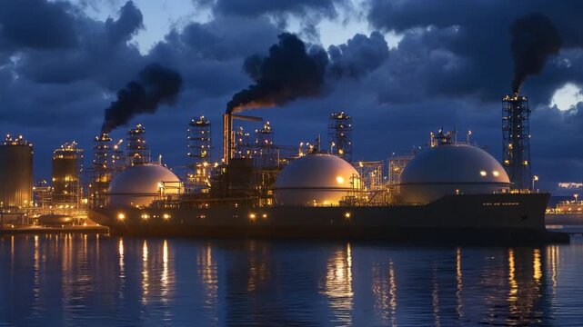 A detailed view of the LNG tanker&rsquo;s hull and cargo tanks, docked at a gas terminal with large storage tanks and gas handling equipment in the background.