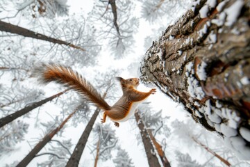 Fototapeta premium A squirrel leaps up a snow-covered tree in a snowy forest. Capturing winter wonder. Ideal for nature stock photography. Unique perspective shot. For wildlife enthusiasts. Generative AI