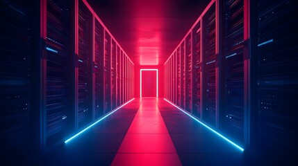 Fototapeta premium Holographic Data Compromise Visualization in Futuristic Neon-Lit Server Room