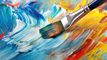 Fototapeta premium A brush glides over a canvas, blending bright blue, yellow, and red paints to create an engaging abstract artwork full of dynamic colors and textures