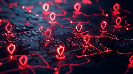 Holographic Data Breach Map with Glowing Red Alert Symbols and Advanced Technology