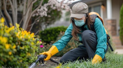 Technician applying outdoor pest control treatments to protect lawns and gardens from harmful insects and pests