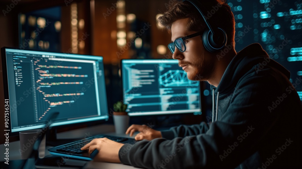 Poster a focused programmer writes code late at night, surrounded by glowing monitors displaying data and g