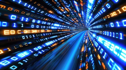 Bright blue and orange binary code flows rapidly through a digital tunnel, creating a futuristic appearance and conveying a sense of high-speed data transmission