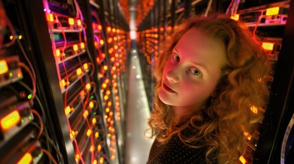 Obraz premium A young woman with curly hair stands in a server room illuminated by vibrant lights from numerous servers, showcasing a blend of technology and innovation