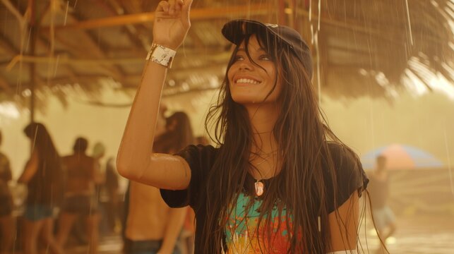 Dancing girl black t-shirt in the rain at defcon open air techno festival