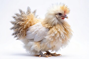 Naklejka premium Fluffy White Chicken with a Crest Standing on White Background.