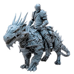Fototapeta premium A majestic armored figure rides a fearsome dragon, showcasing intricate detailing and powerful aesthetics in a fantasy setting.