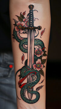 knife and snake tattoo on forearm