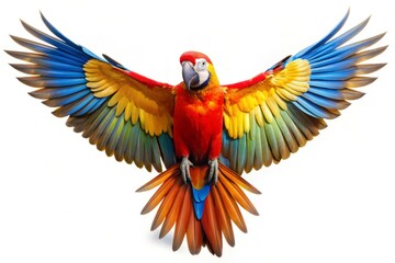 Colorful Macaw Parrot with Spread Wings Isolated on White Background.