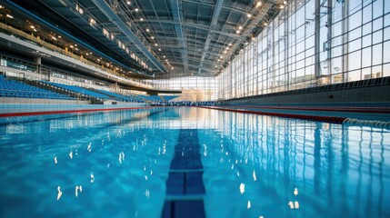 A wide-angle shot of a pristine sport swimming pool with clear, turquoise water and lane markers visible, surrounded by clean, modern poolside tiles and seating areas. The image captures the pool is
