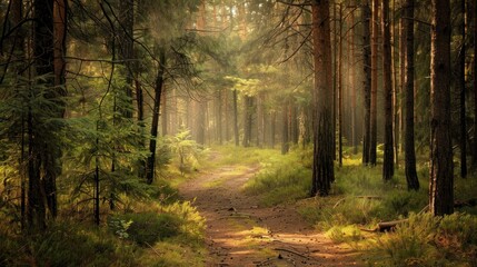 Fototapeta premium Sunbeams in a misty forest.