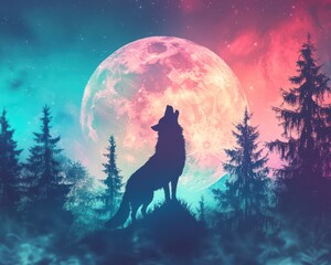 Wolf howling at the moon close up, focus on, copy space night sky, vibrant colors, double exposure silhouette with forest