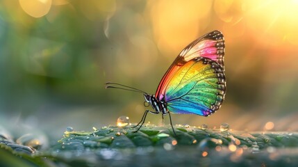 Fototapeta premium Vibrant Rainbow Butterfly Perched on Green Leaf with Majestic Valley and Rising Sun in Background
