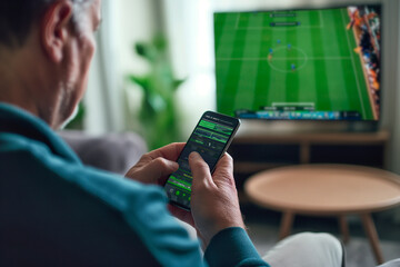 Middle aged man holding smartphone with sports bets app while watching football match at home in livingroom