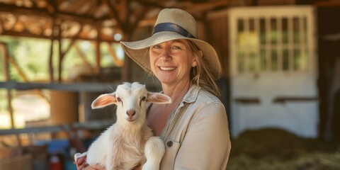 A woman is holding a baby lamb in her arms. She is wearing a straw hat and smiling