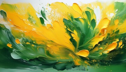 Vibrant Yellow and Green Abstract Painting: Nature's Essence Captured in Dynamic Brush Strokes