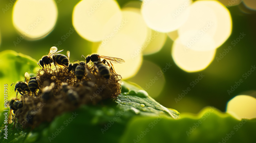 Canvas Prints Tiny wasps construct a nest on a leaf, with the background artfully blurred.