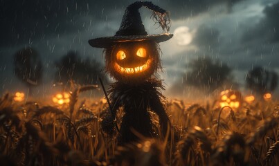 Creepy Scene in Medieval Harvested Wheat Field at Night with Scarecrow, Jack-o-Lantern Head, and Full Moon Glow - Spooky Halloween Horror Background