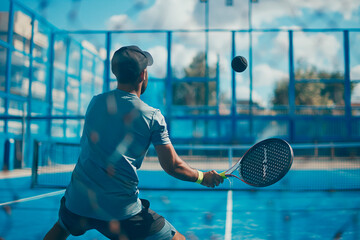 Padel male athlete playing in a championships game on a blue tennis court, back view