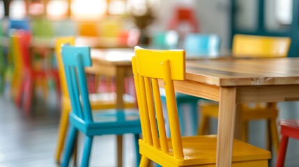 Vibrant Elementary School Classroom Close-Up: Capturing a Lively Learning Environment with Colorful Chairs and Tables in Blur