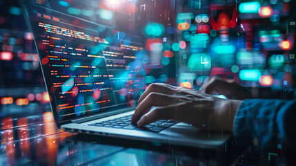 Digital technology, data processing and engineering. Computer programmer coding on laptop, database management with data center.