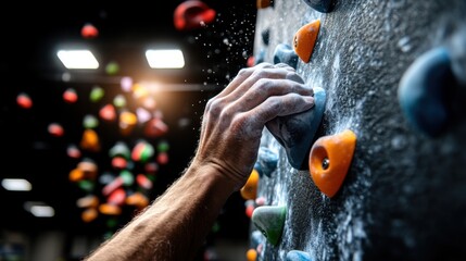 Close-up view of a climber is hand gripping a small hold on a colorful bouldering wall inside a gym, with chalked hands and focused expression. Background shows other climbing holds and gym