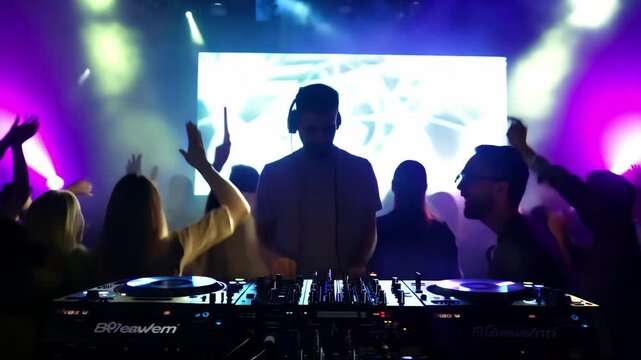 Male dj have fun disco party. Man play music on turntable at night club. Partying joyful crowd moves in hip-hop rhythm of funky dance. Trendy fun guy in bright multi-color neon spot light. Nightlife.