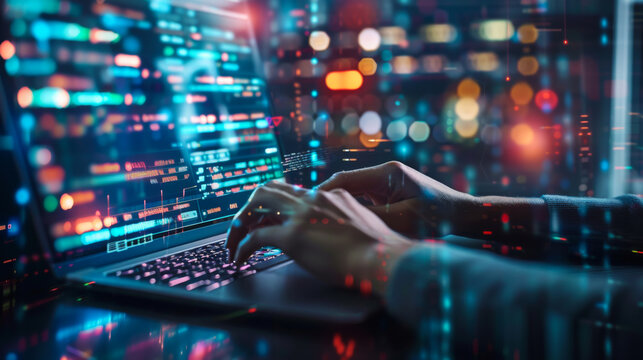 Digital technology, data processing and engineering. Computer programmer coding on laptop, database management with data center.