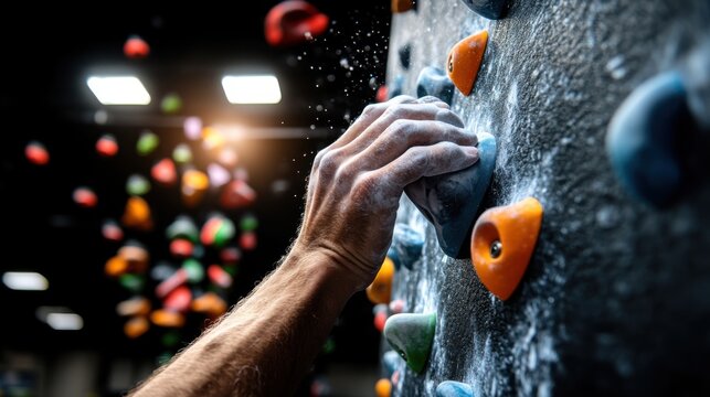 Close-up view of a climber is hand gripping a small hold on a colorful bouldering wall inside a gym, with chalked hands and focused expression. Background shows other climbing holds and gym