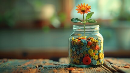 Flower in a Jar with Buttons. A vibrant orange flower blooms from a jar filled with colorful buttons, creating a unique and charming still life. 