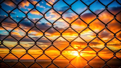 Fototapeta premium Rusty Chain Link Fence Against a Sunset Sky AI generated