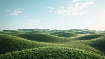 Fototapeta premium Rolling green hills under a clear blue sky.
