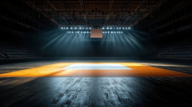The interior of a judo stadium featuring a stark contrast between the brightly lit central mat and the surrounding darkened stands, showcasing an empty arena with no audience present