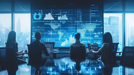 Corporate team strategizing in a collaborative meeting with digital technology tools for advanced marketing data analysis and informed investment decision-making in a modern business environment