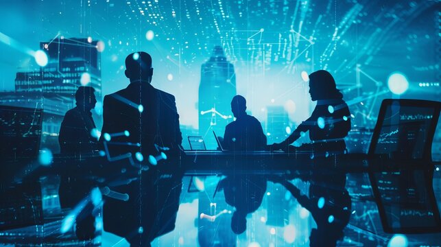 Corporate team strategizing in a collaborative meeting with digital technology tools for advanced marketing data analysis and informed investment decision-making in a modern business environment