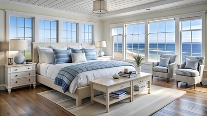 Serene Coastal Retreat: A Bedroom Inspired by the Ocean  Generative AI