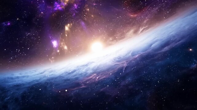 Vibrant s of stars and planets swirling in a mesmerizing intergalactic storm.