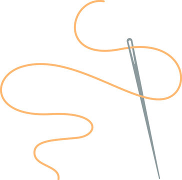 Sewing needle and thread logo, flat fashion tool object, hand drawn sewing decoration design, cartoon tailor supplies element, vector embroidery accessories illustration,