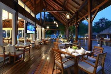 Fototapeta premium Elegant wooden restaurant at dusk with warm lighting and lush greenery.