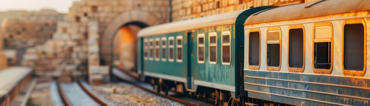 vintage green train carriage approaching tunnel entrance with stone architecture in background - railway journey transportation adventure - retro trav