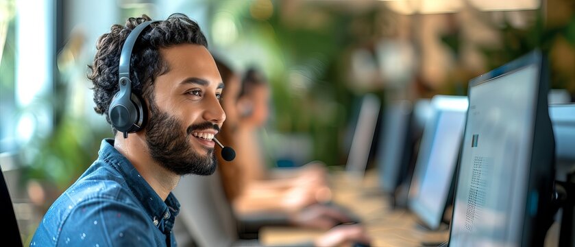 Telemarketing call center agent providing professional customer support and assistance, engaging in online communication through microphone for CRM, sales, and client consulting services